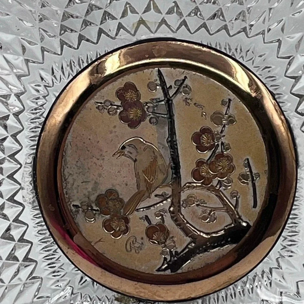 Vintage Glass Plate with Brass‎ Bird & Cherry Blossom Design 7